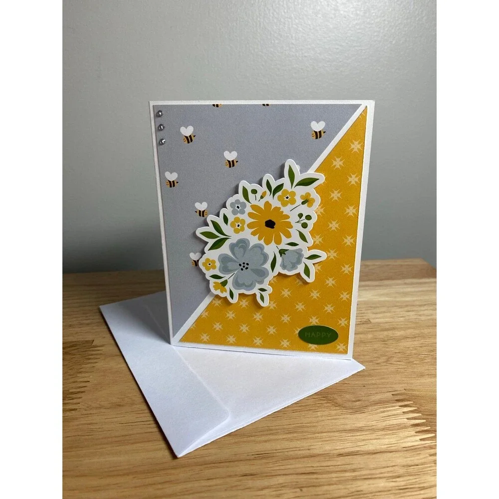 Bee & Flowers Greeting Card – Handmade A2 Card – All Occasion Blank Card